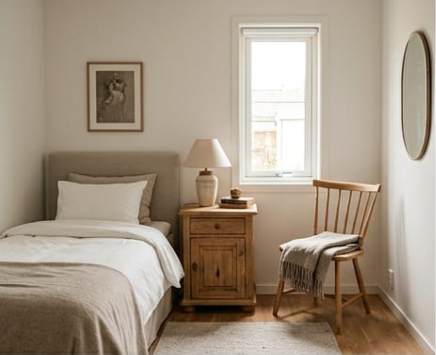Single room with the bed and soft furnishings